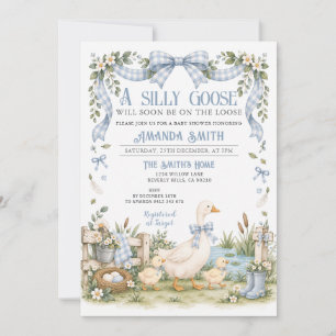 Invitation Baby Shower Gingham Dindon Bleu Drôle
