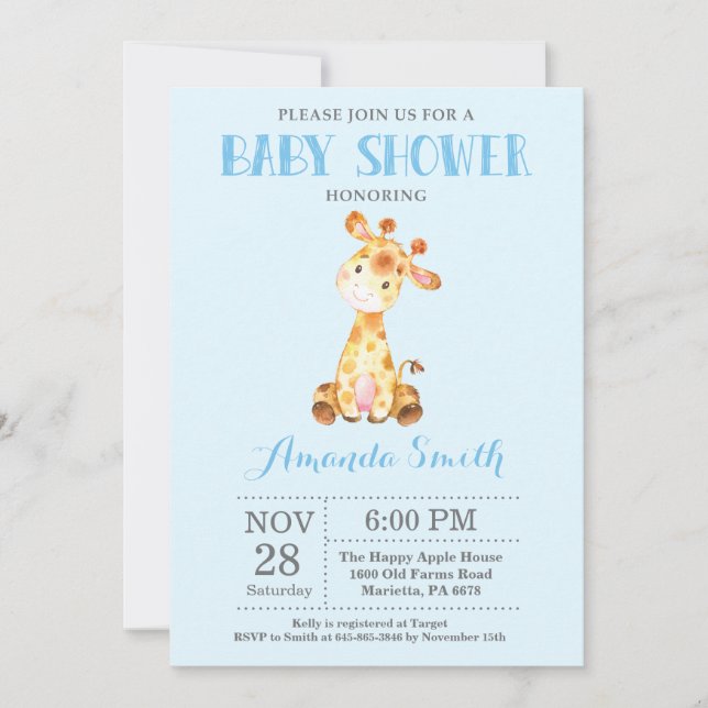 Invitation Baby shower Giraffe bleu et gris (Devant)