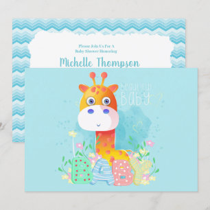 Invitation Baby shower Giraffe Bleue Cute