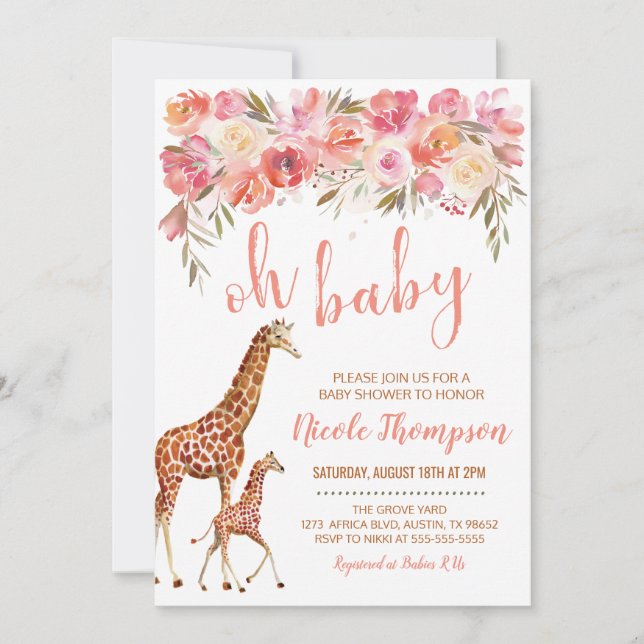 Invitation Baby shower Giraffe | Floral rose (Devant)
