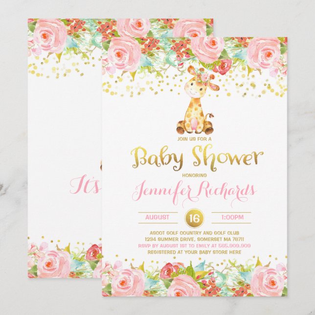 Invitation Baby shower Giraffe Floral Rose & Or (Devant / Derrière)