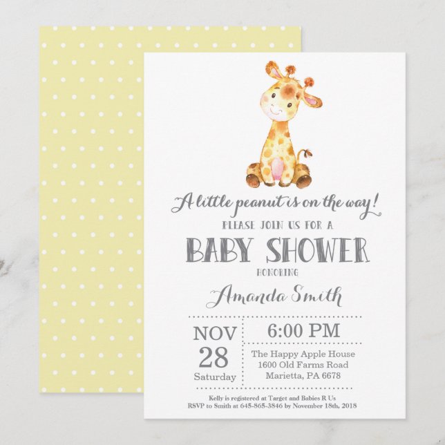 Invitation Baby shower Giraffe Jaune et Grey (Devant / Derrière)