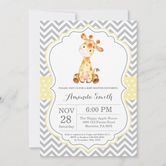 Invitation Baby shower Giraffe Jaune et Grey (Devant)