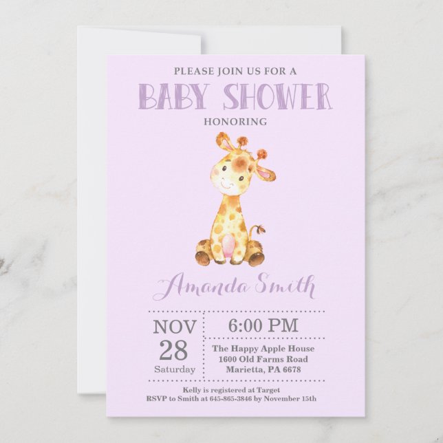 Invitation Baby shower Giraffe violet et gris (Devant)