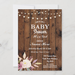 Invitation Baby shower Girl Floral Wood Lights Rustic Invitat