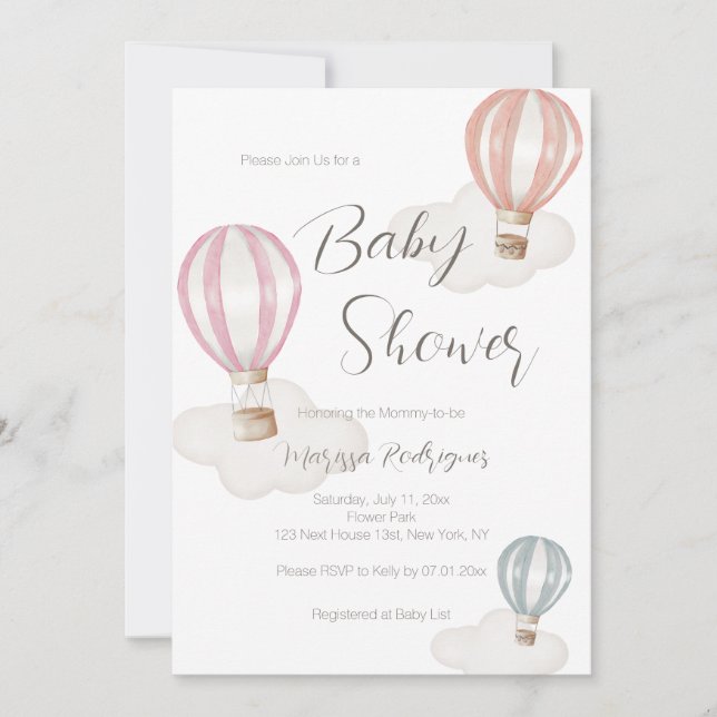Invitation Baby shower Girl Hot Air Balloons Couleurs Pastel (Devant)