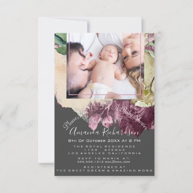 Invitation Baby shower Girl Photo Grey Floral Frame (Devant)