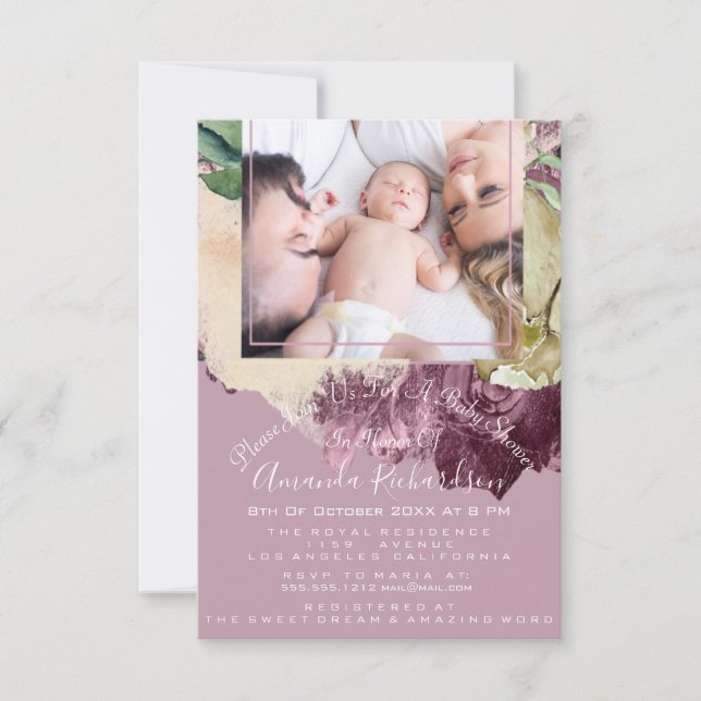 Invitation Baby shower Girl Photo Marsala Pink Floral Frame (Devant)
