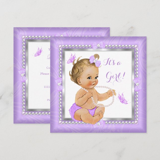 Invitation Baby shower Girl Purple Pearl Butterfly Blonde (Devant / Derrière)
