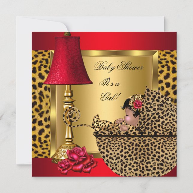 Invitation Baby shower Girl Red Gold Roses Leopard Pram AA (Devant)