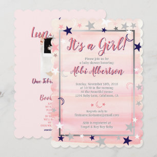Invitation Baby shower Girl rose Aquarelle Gris Lune & Étoile