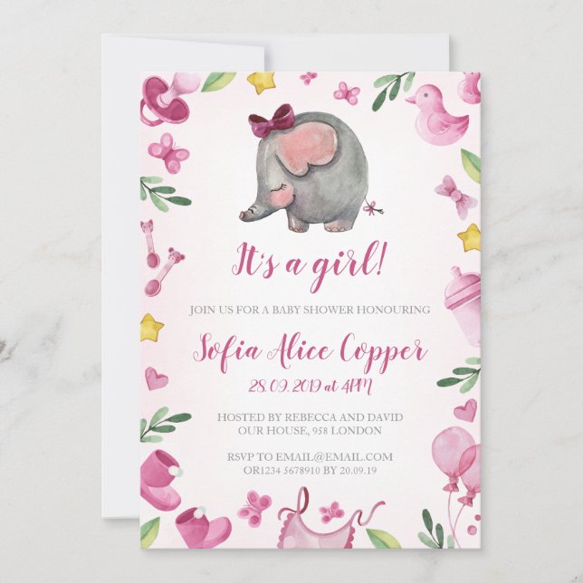 Invitation baby shower girl | Rose | Éléphant (Devant)