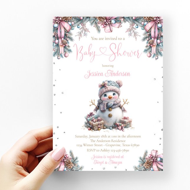 Invitation Baby shower Girl Snowman (Cute baby girl snowman baby shower invitation with adorable baby snowman.)