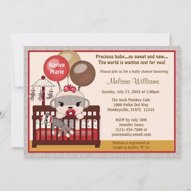 Invitation Baby shower GIRL Sock MONKEY Crib SMC-G (Devant)