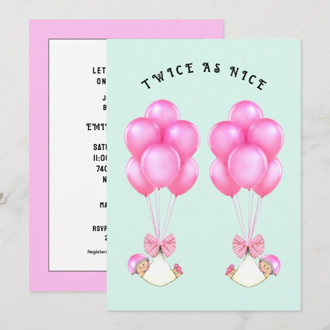 Invitation Baby shower Girl Twins (Devant / Derrière)