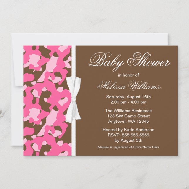 Invitation Baby shower Girly de ruban de Camo de brun de rose (Devant)