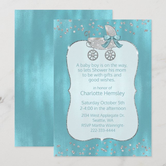 Invitation Baby shower Glam Silver Pram (Devant / Derrière)