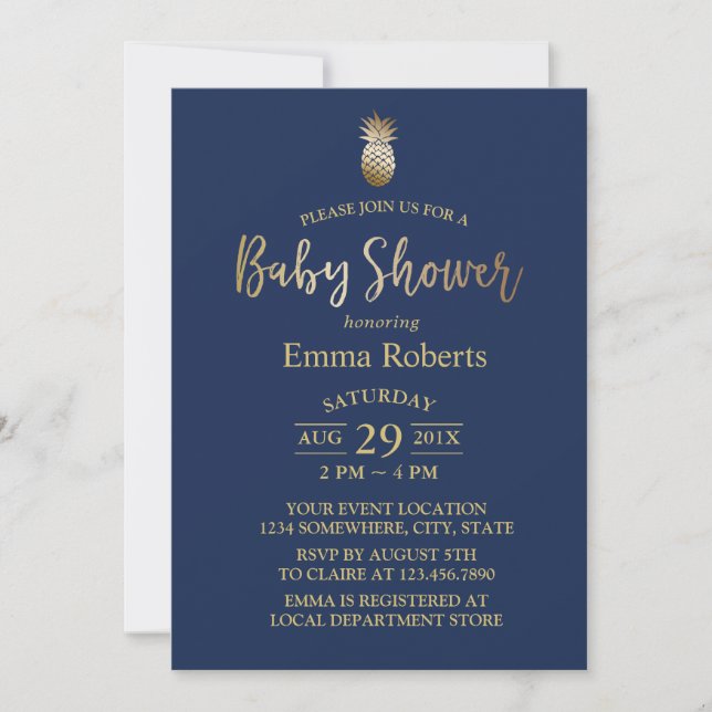 Invitation Baby shower Gold Ananas Elégant Marine Bleu (Devant)