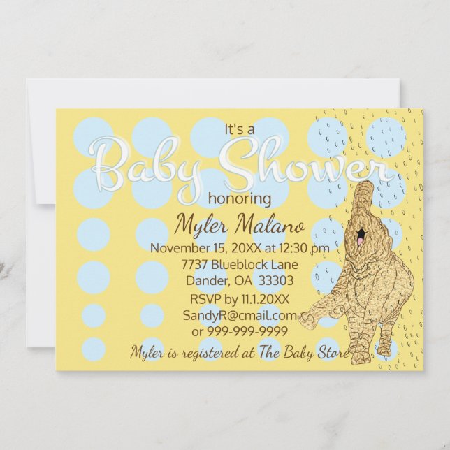 Invitation Baby shower Gold Baby Elephant Blue (Devant)