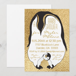 Invitation baby shower Gold Baby & maman Penguin