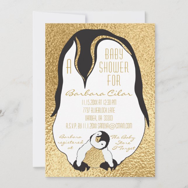 Invitation baby shower Gold Baby & maman Penguin (Devant)