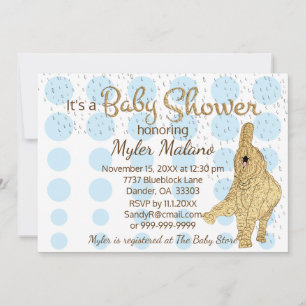 Invitation Baby shower Gold Bleu Blanc Bébé Eléphant