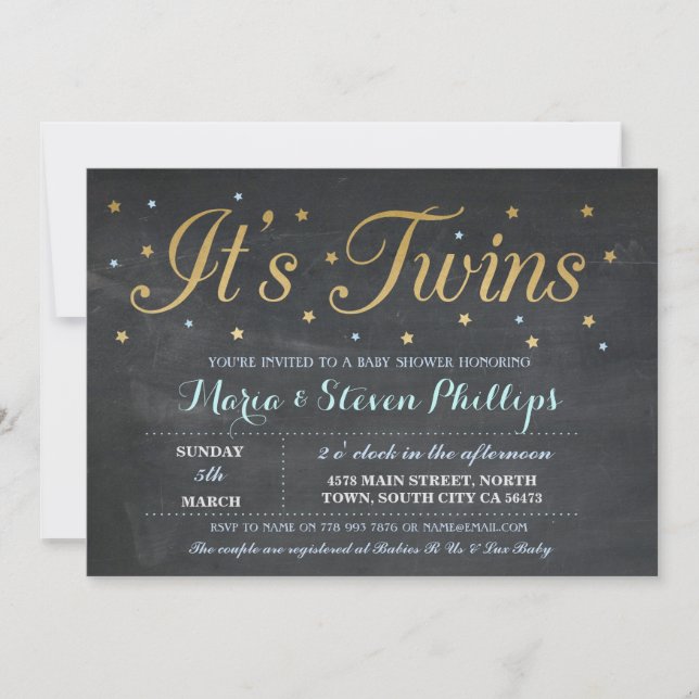 Invitation Baby shower Gold Blue Twins Boy Chalk (Devant)