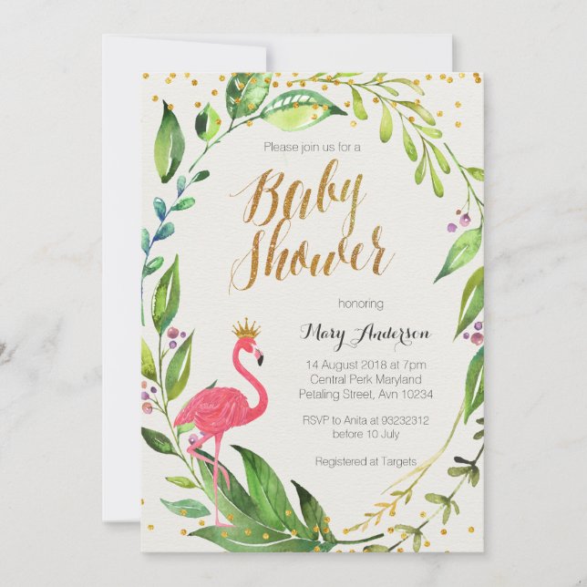 Invitation Baby shower Gold Flamant rose (Devant)