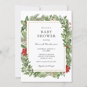 Invitation Baby shower Gold Frame Winter Greenery