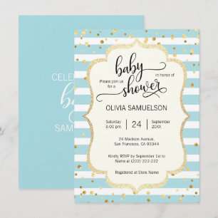 Invitation Baby shower Gold GARY Stripes Blancs Cute