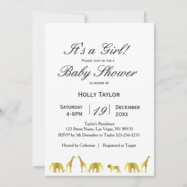 Invitation Baby shower Gold Jungle Animals (Devant)