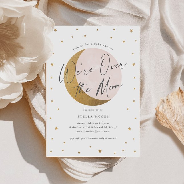 Invitation Baby shower Gold Over the Moon Script Girls (Gold and Pink Over the Moon Script Girls Baby Shower Invitations.)
