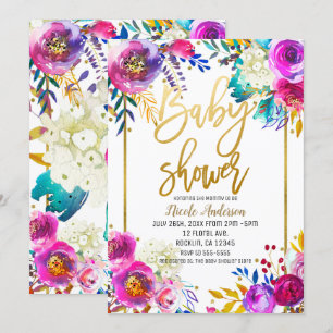 Invitation Baby shower Gold Script Bold Aquarelle Florale
