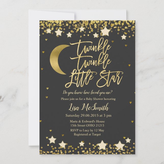 Invitation Baby shower Gold Twinkle Little Star (Devant)