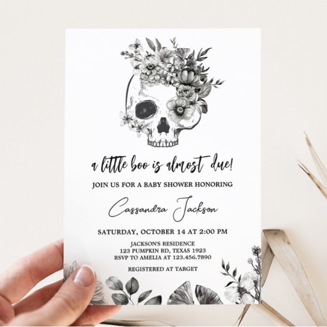 Invitation Baby shower gothique (Black Floral Skull Baby Shower Invitation)