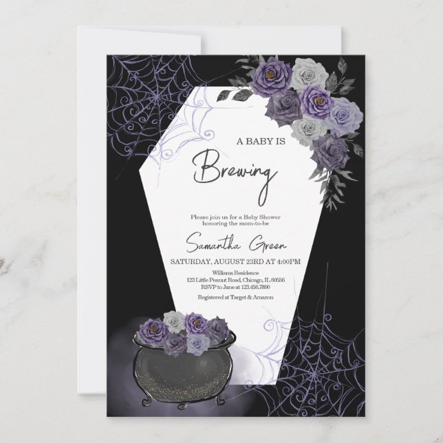 Invitation Baby shower gothique d'Halloween de fille violette (Devant)