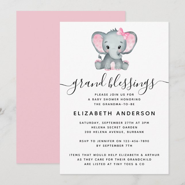 Invitation Baby shower grand-mère d'éléphant rose (Devant / Derrière)