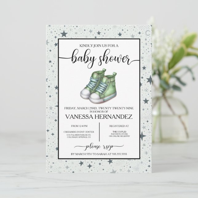 Invitation Baby shower Green Baby High Tops (Debout devant)