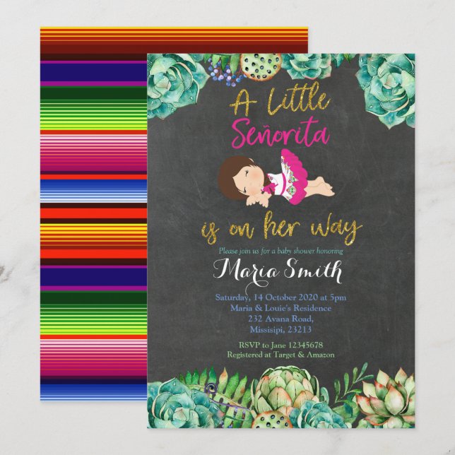 Invitation Baby shower Green Cactus Fiesta Baby Senorita (Devant / Derrière)