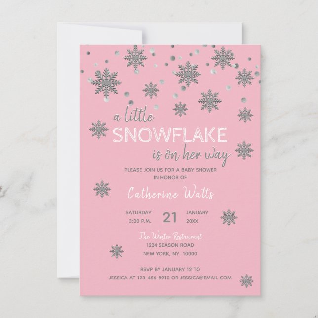 Invitation Baby shower gris argenté rose | Fille (Devant)