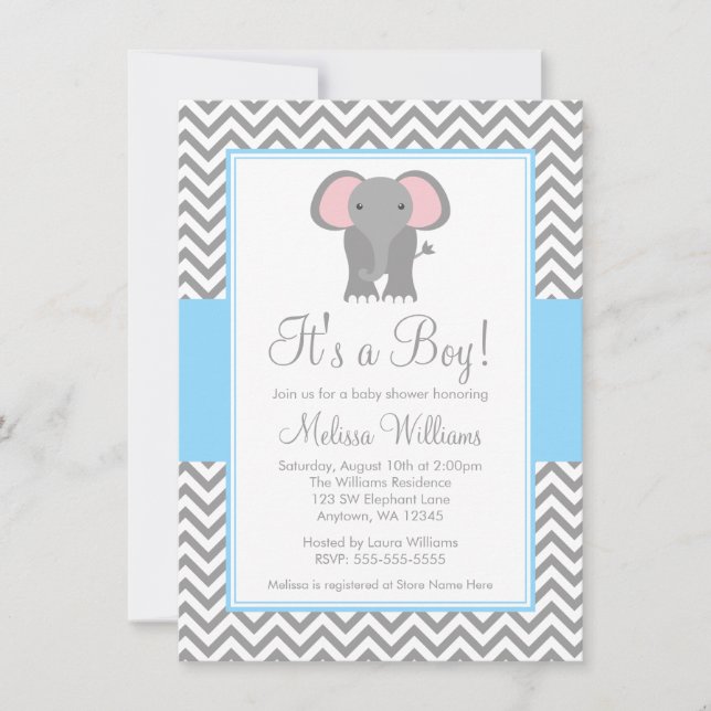 Invitation Baby shower gris bleu-clair de Chevron d'éléphant (Devant)
