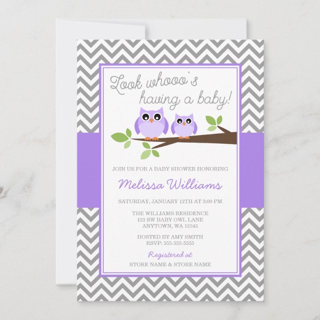Invitation Baby shower gris de fille de Chevron de hibou (Devant)