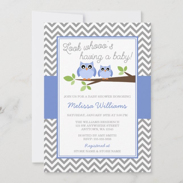 Invitation Baby shower gris de fille de Chevron de hibou de (Devant)