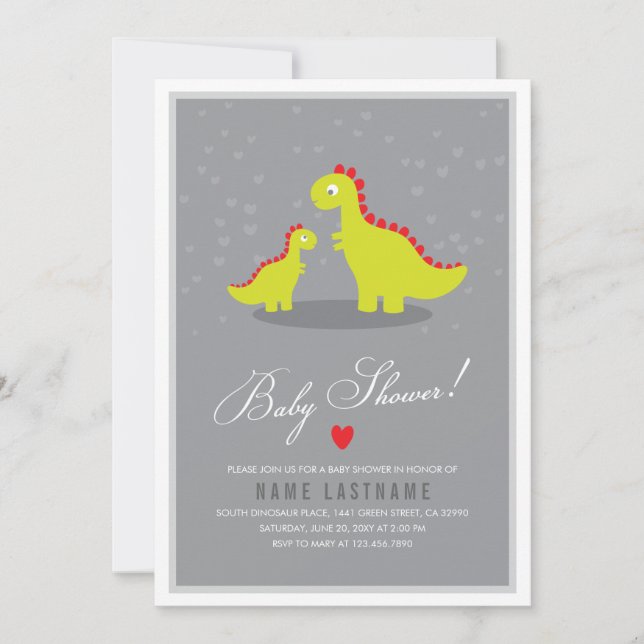 Invitation Baby shower gris Dinosaur élégant (Devant)