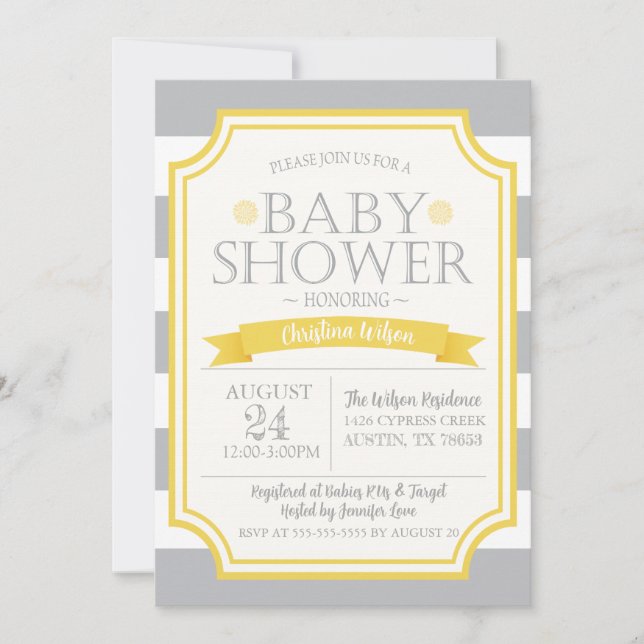 Invitation Baby shower gris et jaune (Devant)