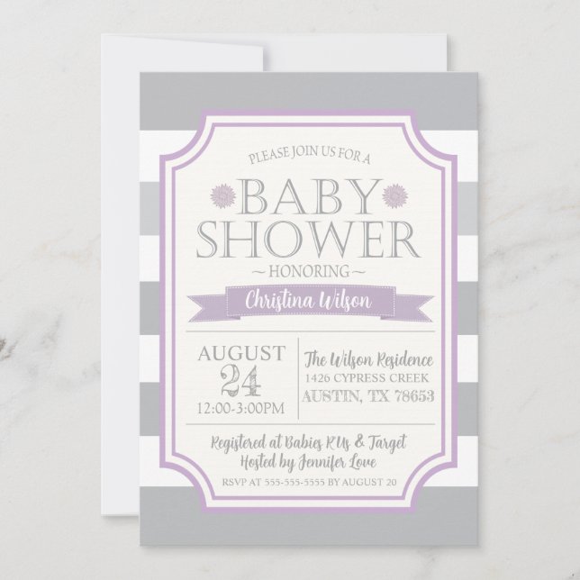 Invitation Baby shower gris et violet (Devant)