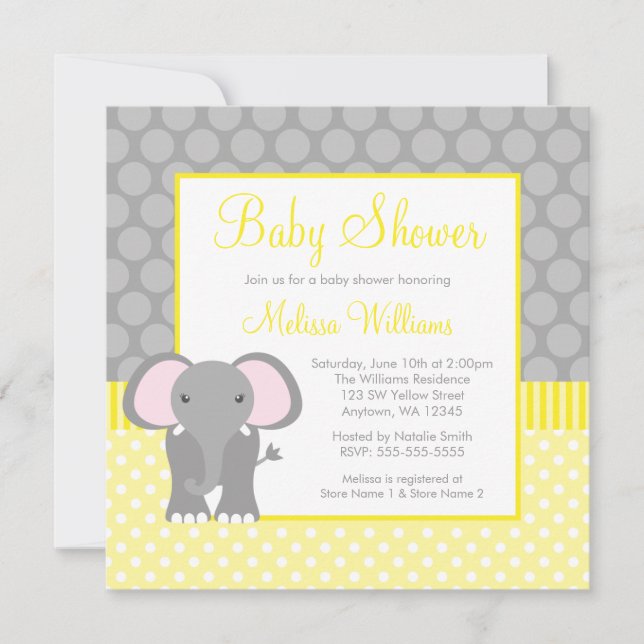 Invitation Baby shower gris jaune de garçon de point de polka (Devant)