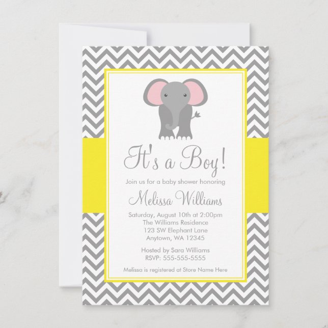 Invitation Baby shower gris jaune de l'éléphant Chevron (Devant)