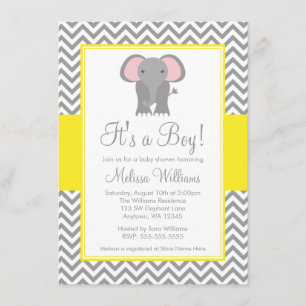 Invitation Baby shower gris jaune de l'éléphant Chevron