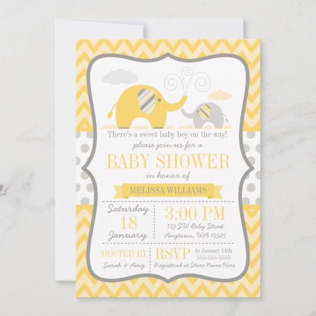 Invitation Baby shower gris jaune éléphant (Devant)
